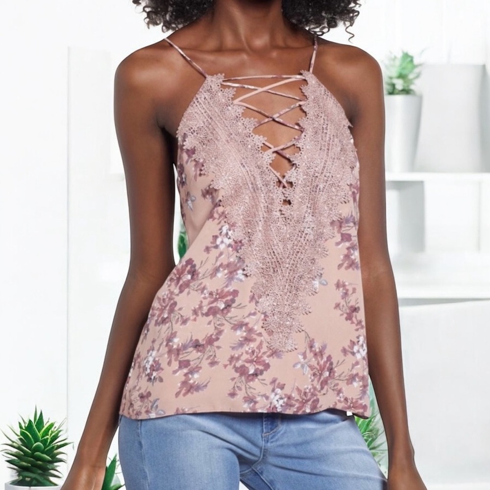 Wayf Women Pink Floral Crisscross V-Neck Posie Strappy Camisole Tank Top Med